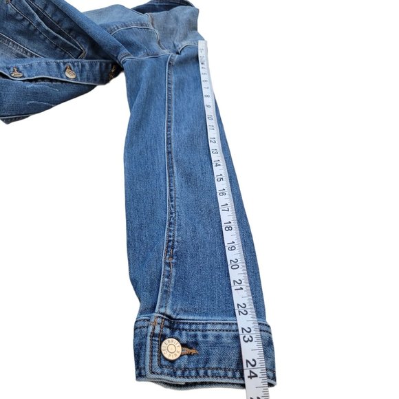 Celebrity Pink Distressed Denim Jacket Button Up Rollable Sleeve Womans Small - Picture 12 of 13